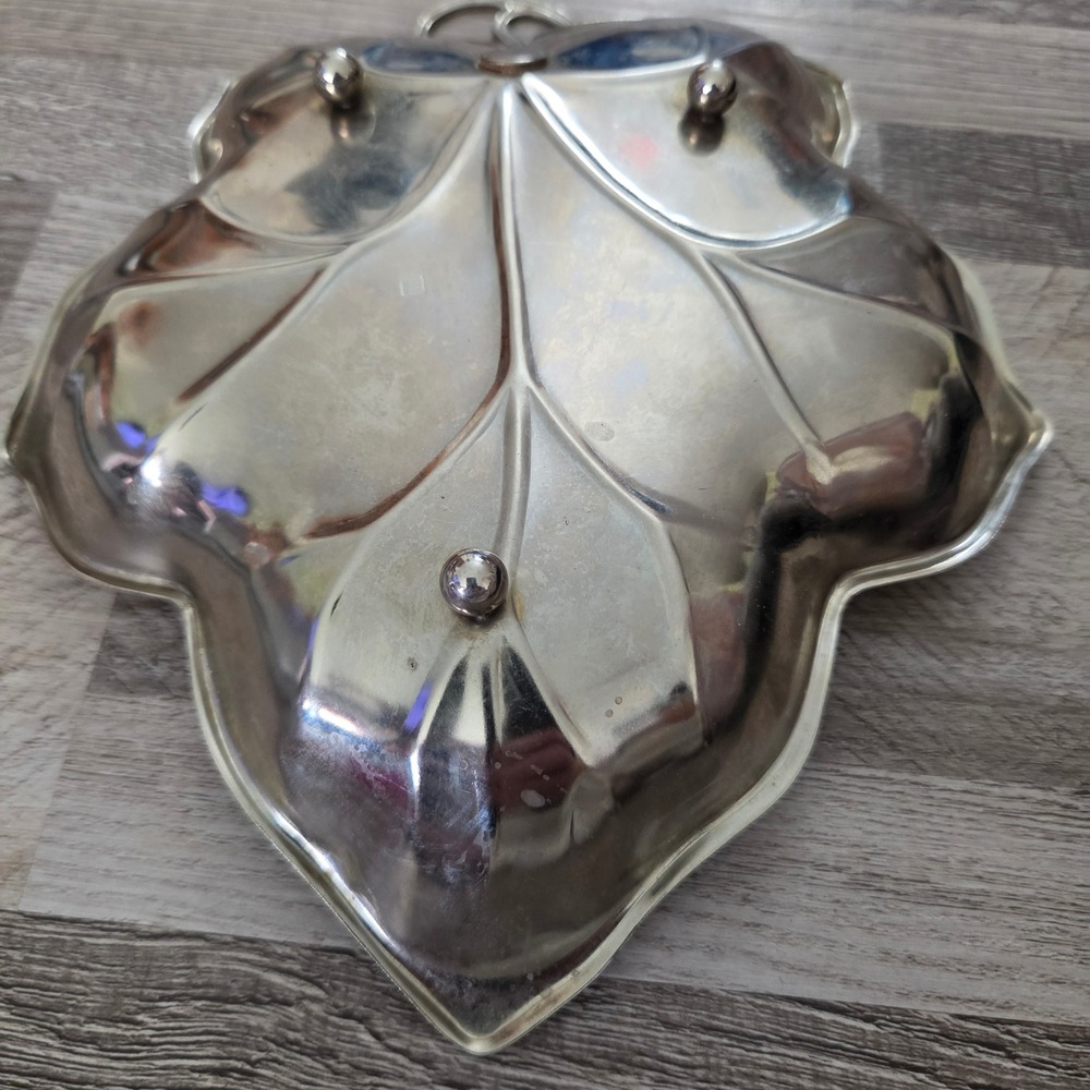 Vintage Silver Plated Leaf Dish Grape Handle Footed Trinket Bowl Hong Kong 9.5" - Picture 7 of 16